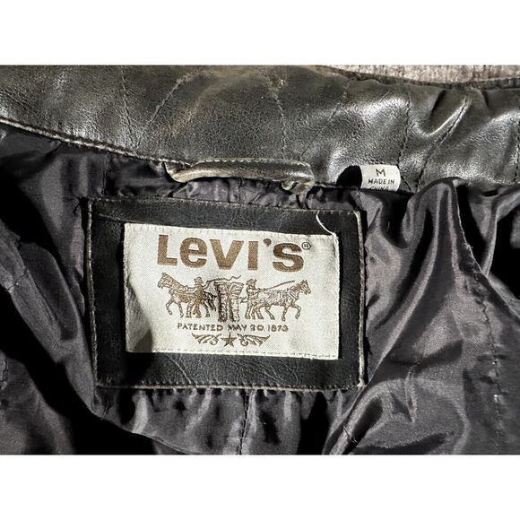 Levis Jacket Mens Medium Dark Brown Faux Leather Stowaway Hood - Picture 9 of 10